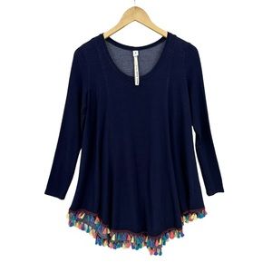 UNCLE FRANK Tunic Top Dress Tassels Long Sleeve Blue
